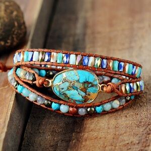 Turquoise and Brown Beaded Wrap Bracelet